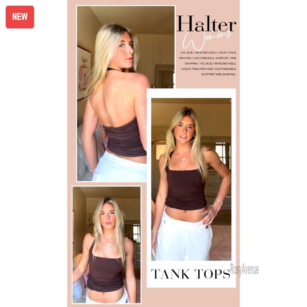 Women's Halter Tank Top with Built-in Bra, Double Lined, Backless, Y2K Style - Picture 7 of 8
